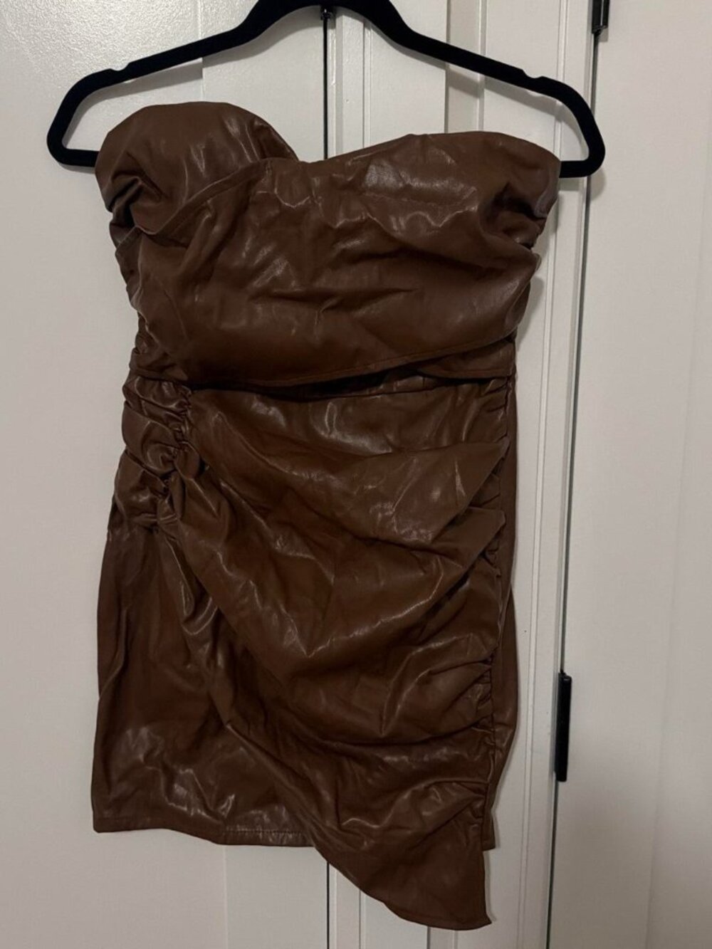 PrettyLittleThing brown leather strapless mini dress